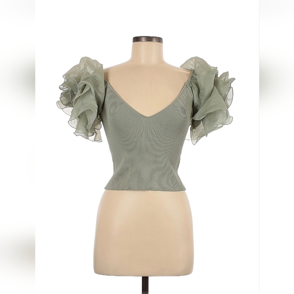 Zara Tops - Zara Sage Green Puff Sleeve V-Neck Ribbed Top